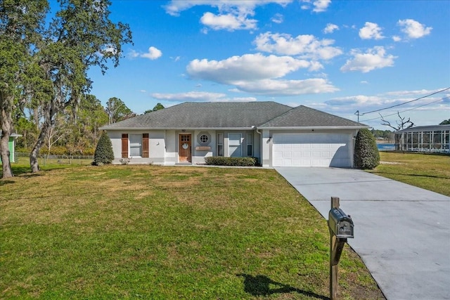 single story home featuring a garage and a front yard