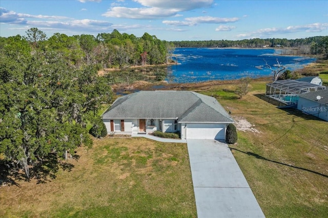 drone / aerial view featuring a water view