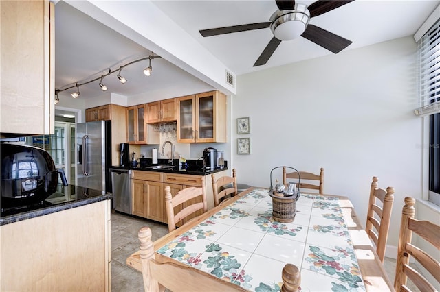 dining area featuring sink, track lighting, and ceiling fan