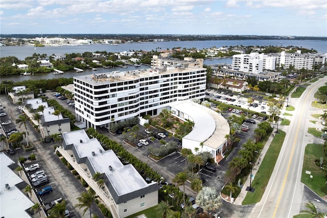 bird's eye view with a water view