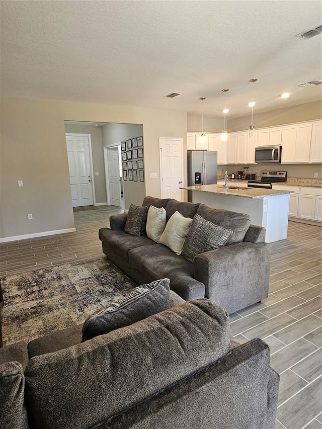 living room featuring a textured ceiling