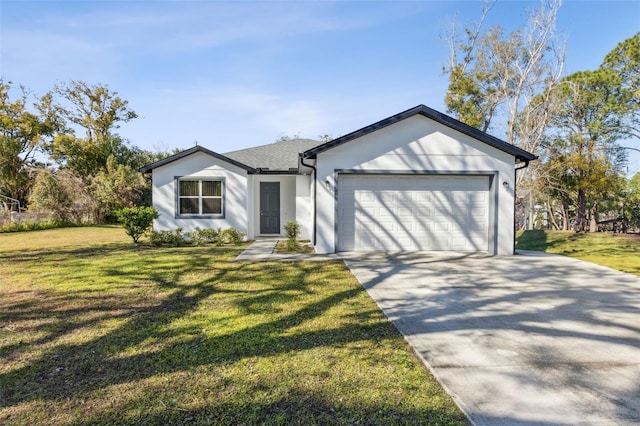 ranch-style house featuring a garage and a front lawn