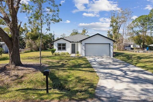 single story home featuring a garage and a front lawn