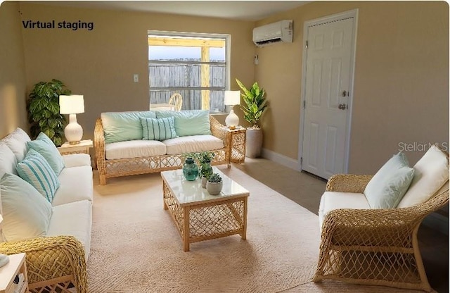 living room featuring an AC wall unit