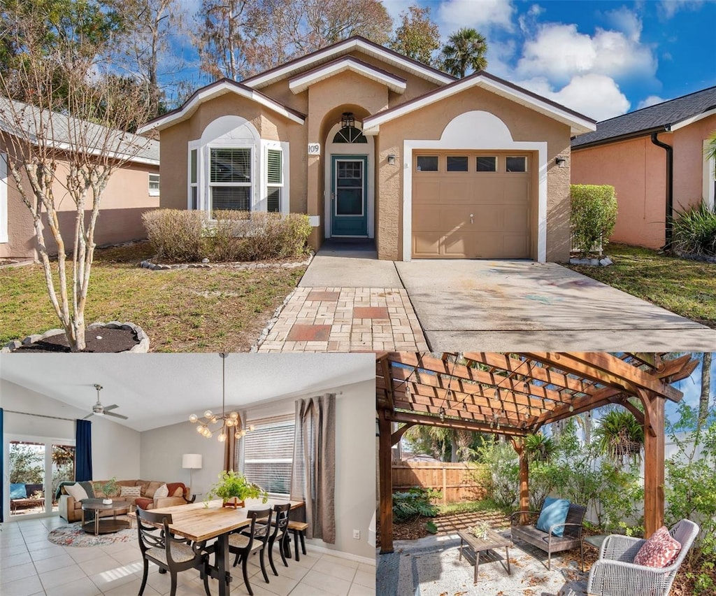 view of front facade with a garage, a pergola, a patio, and ceiling fan