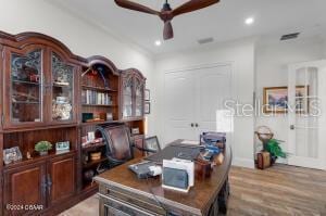 801 N Flagler Ave, Flagler Beach, FL 32136 - office area with ceiling fan and light hardwood / wood-style flooring
