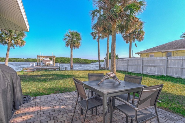 view of patio featuring a water view