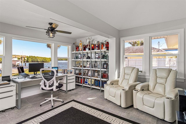 office with plenty of natural light and ceiling fan