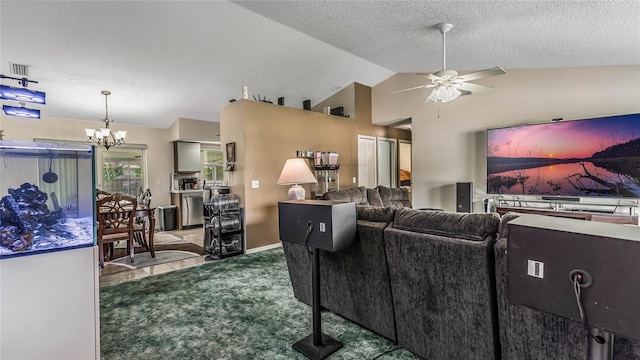 carpeted living room with lofted ceiling, ceiling fan with notable chandelier, and a textured ceiling