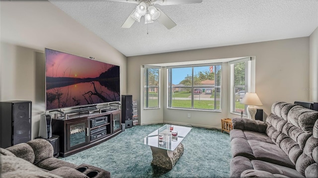 living room featuring ceiling fan, lofted ceiling, carpet flooring, and a textured ceiling