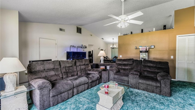 living room with lofted ceiling, carpet floors, ceiling fan with notable chandelier, and a textured ceiling