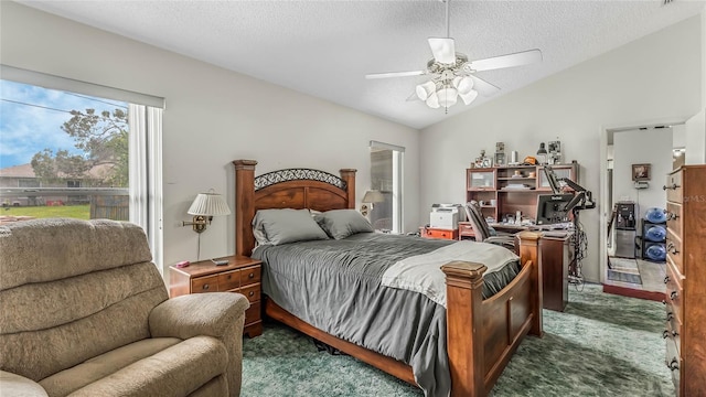 carpeted bedroom with vaulted ceiling, ceiling fan, and a textured ceiling