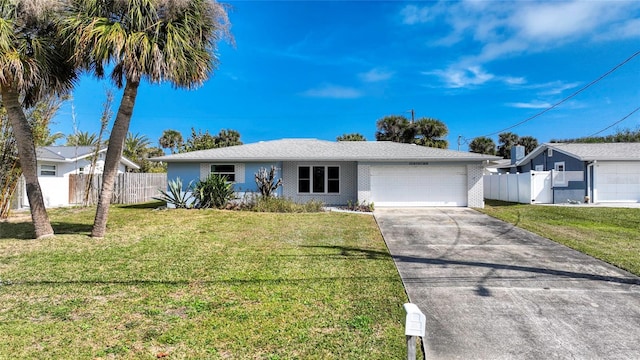 ranch-style house with a garage and a front lawn