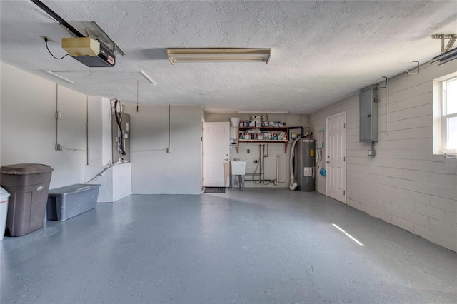 garage with sink, a garage door opener, electric panel, and electric water heater