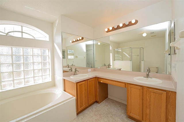 bathroom featuring vanity and plus walk in shower