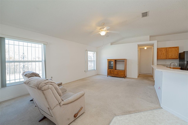 carpeted living room featuring ceiling fan, sink, vaulted ceiling, and a textured ceiling