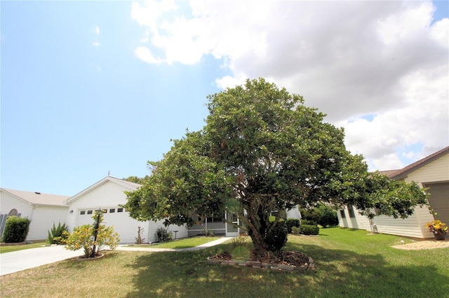 view of property hidden behind natural elements with a garage and a front yard