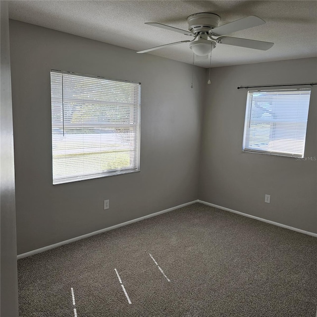 carpeted spare room featuring ceiling fan, a healthy amount of sunlight, and a textured ceiling