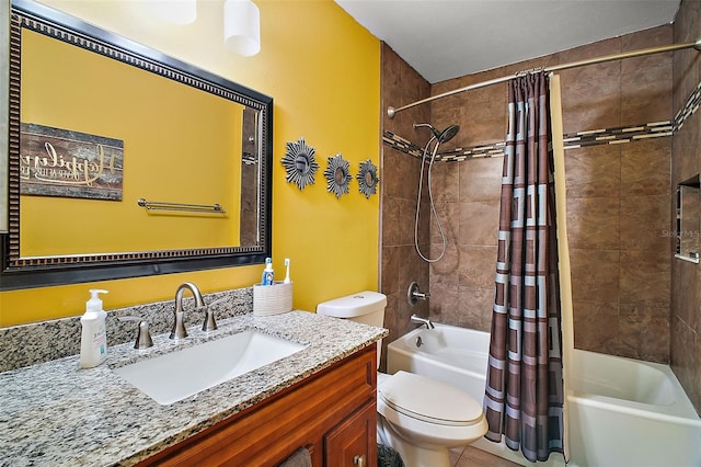 full bathroom featuring tile patterned flooring, vanity, shower / bath combination with curtain, and toilet