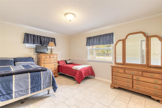 bedroom featuring light tile patterned floors, crown molding, and a textured ceiling