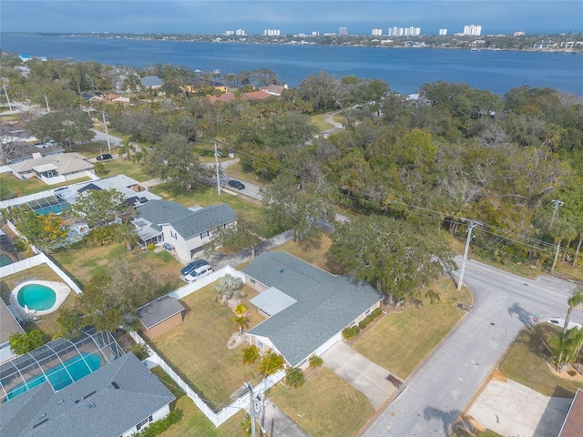 aerial view featuring a water view