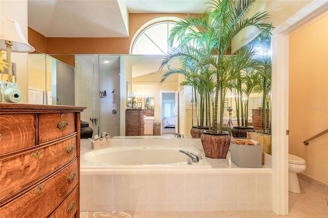 bathroom with tile patterned flooring, a wealth of natural light, plus walk in shower, and toilet