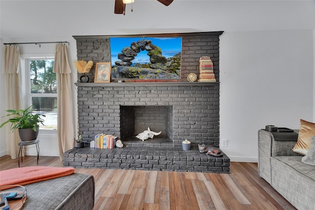 living room featuring ceiling fan, hardwood / wood-style floors, and a fireplace