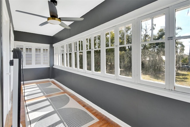 unfurnished sunroom featuring ceiling fan and a healthy amount of sunlight