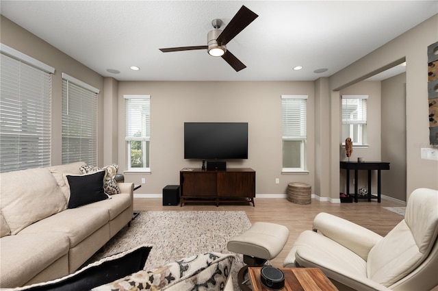 living room with ceiling fan and light hardwood / wood-style floors