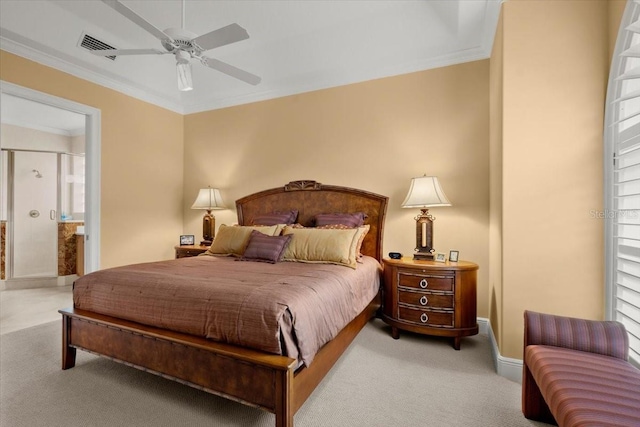 carpeted bedroom with ceiling fan and ornamental molding