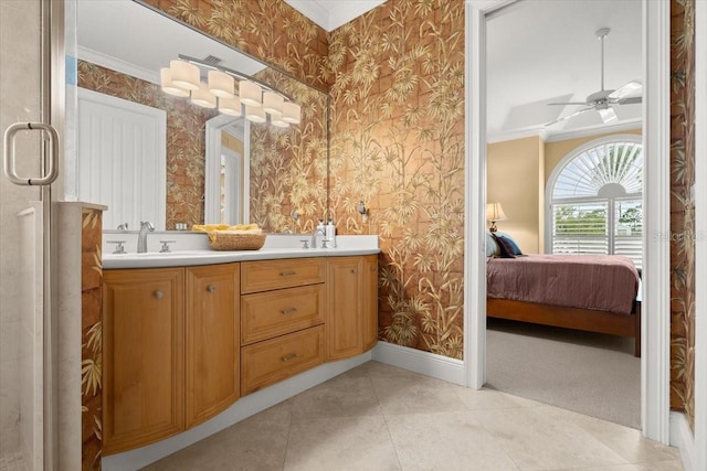 bathroom with ceiling fan, vanity, tile patterned flooring, and ornamental molding