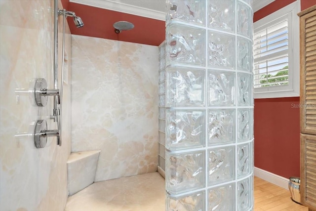 bathroom with walk in shower and hardwood / wood-style flooring