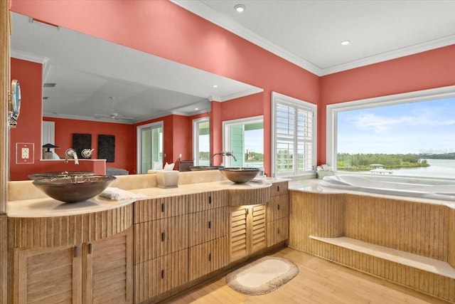 bathroom featuring vanity, hardwood / wood-style floors, and crown molding