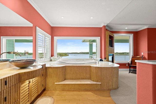 bathroom with hardwood / wood-style flooring, ornamental molding, vanity, and a tub to relax in