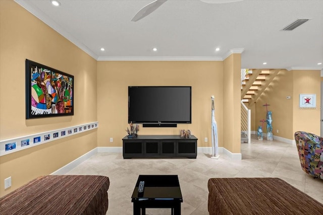 tiled living room featuring ornamental molding