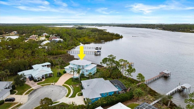 bird's eye view with a water view