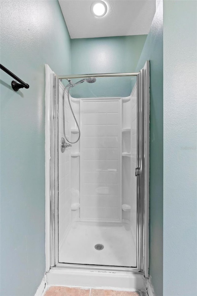 bathroom featuring a shower with shower door