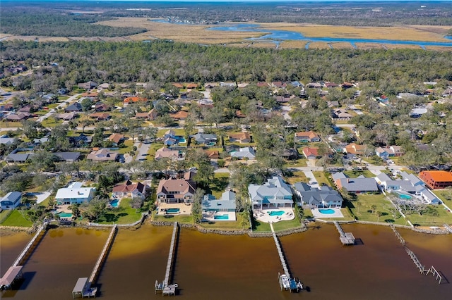 drone / aerial view with a water view