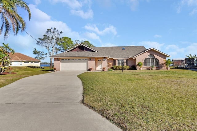 ranch-style house featuring a garage and a front yard