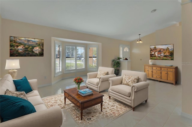 tiled living room with vaulted ceiling