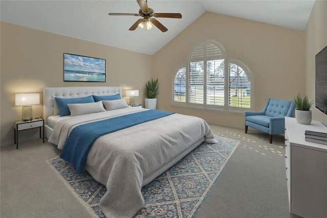 bedroom with high vaulted ceiling, carpet floors, and ceiling fan