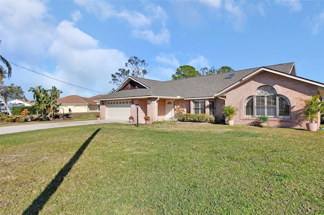 ranch-style home featuring a garage and a front yard