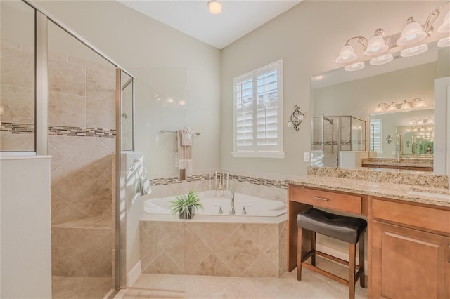 bathroom featuring lofted ceiling, vanity, tile patterned floors, and plus walk in shower