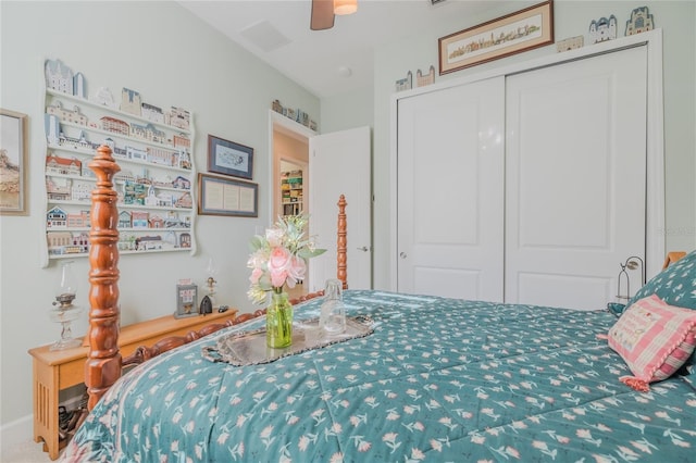 bedroom featuring ceiling fan and a closet