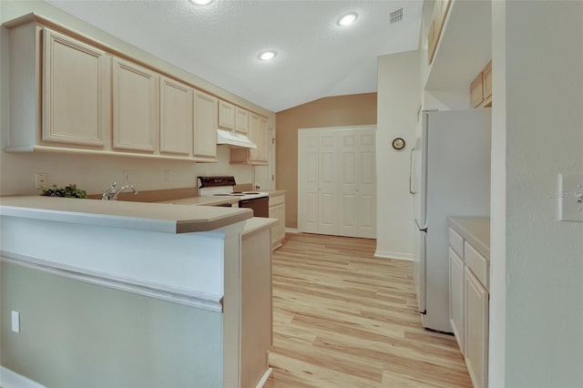 kitchen featuring white appliances, light hardwood / wood-style flooring, a textured ceiling, vaulted ceiling, and kitchen peninsula