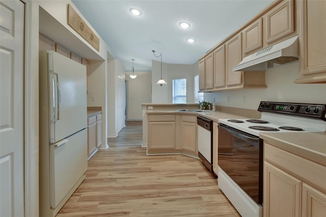 kitchen with white appliances, decorative light fixtures, light hardwood / wood-style floors, and light brown cabinets