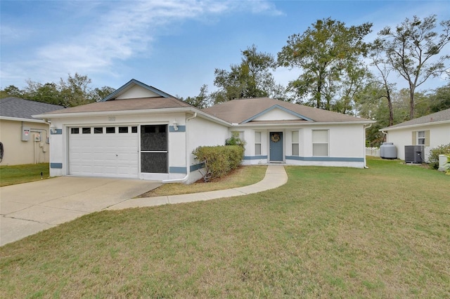 single story home featuring a garage, a front yard, and central air condition unit