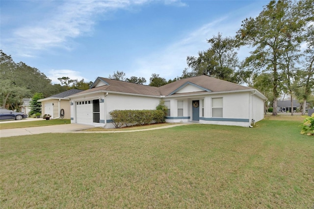 single story home with a garage and a front yard