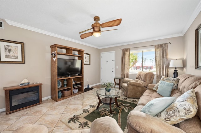 tiled living room with crown molding, a textured ceiling, and ceiling fan