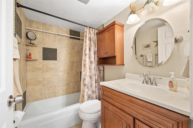 full bathroom featuring vanity, shower / bath combination with curtain, a textured ceiling, and toilet